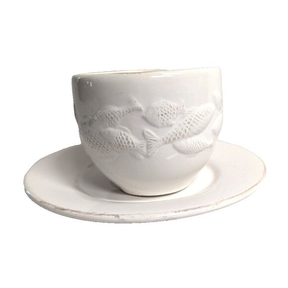 burton+Burton Mariner Bay Ceramic Teacup & Saucer Gift Set Fish Rustic Boxed - Picture 4 of 9